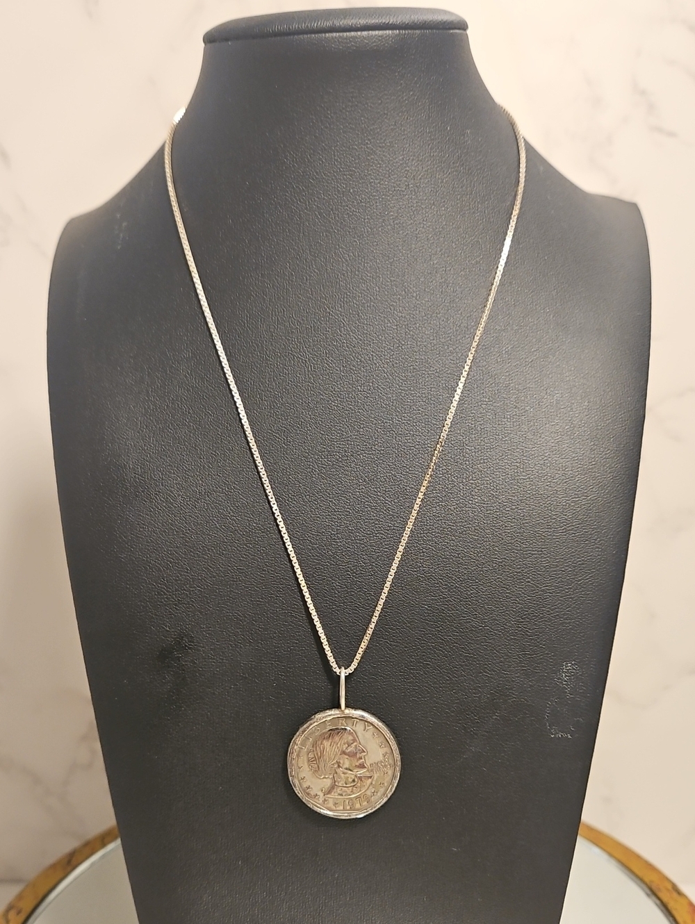 Susan B  Anthony Coin In Sterling Bezel With Sterling Chain 1979